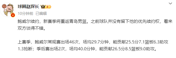 男篮::正式续约！场均26+7+6超级外援重返青岛男篮男篮，携手刘维伟冲击八强